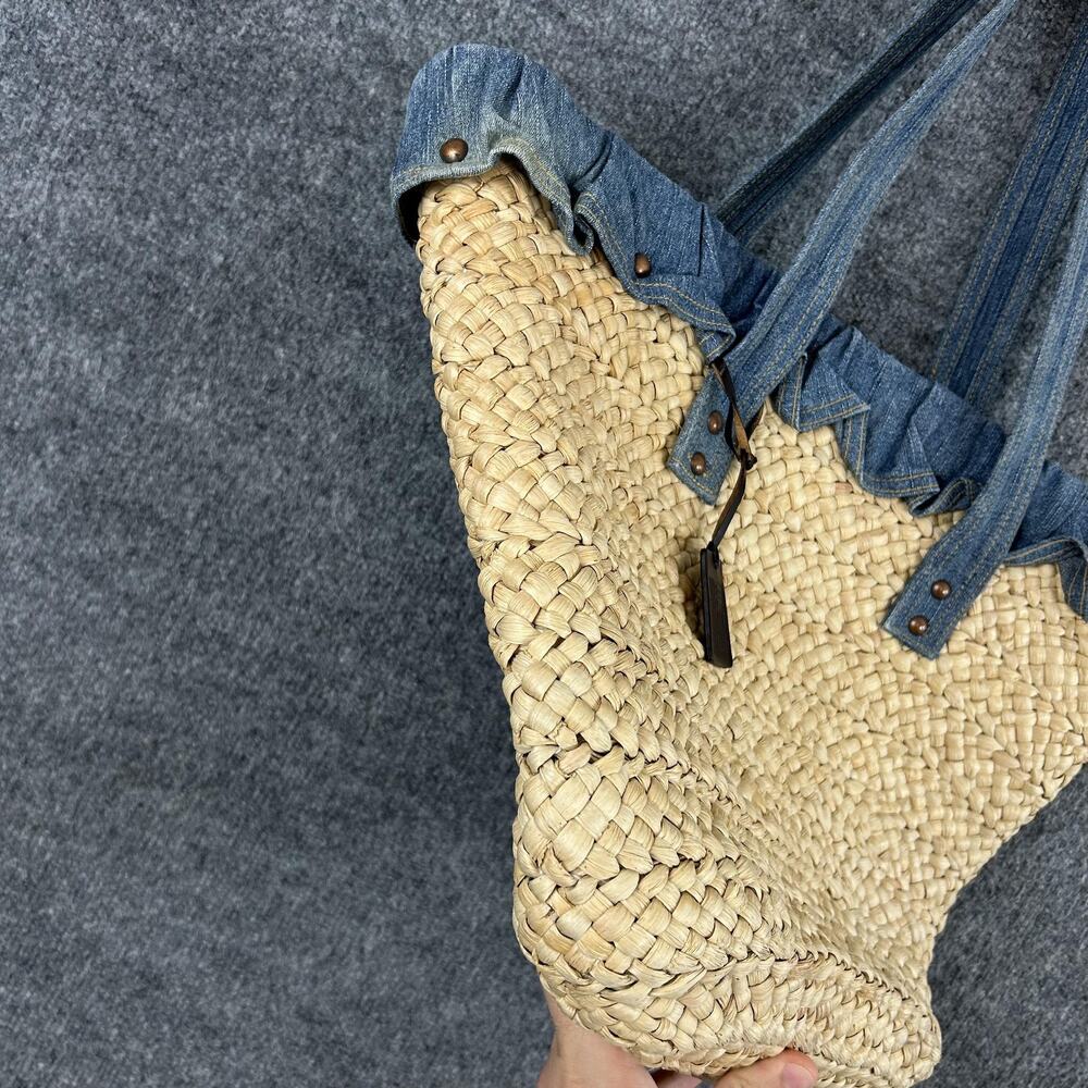 Vintage Ralph Lauren Straw Tote Bag Large Beige Denim Trim Beach Boho Summer - Picture 5 of 15